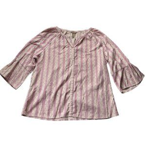 Bit & Bridle‎ Shirt Tan Pink Peasant Farmhouse Boho Woman's Medium Flare Sleeve